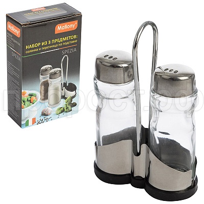 Набор SPEZIA 3 пред. (солонка 40мл/перечница 40 мл) на подст. нерж.сталь, стекло/009367/24шт/Mallon  Набор SPEZIA 3 пред. (солонка 40мл/перечница 40 мл) на подст. нерж.сталь, стекло/009367/24шт/Mallon