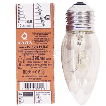 Лампа накаливания свеча КЭЛЗ ДС 230-40 В36 Е27 Лампа накаливания свеча КЭЛЗ ДС 230-40 В36 Е27