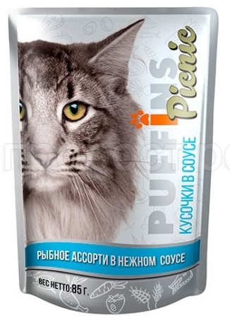 Корм для кошек Пуффинс пикник 85г СОУС рыбное ассорти